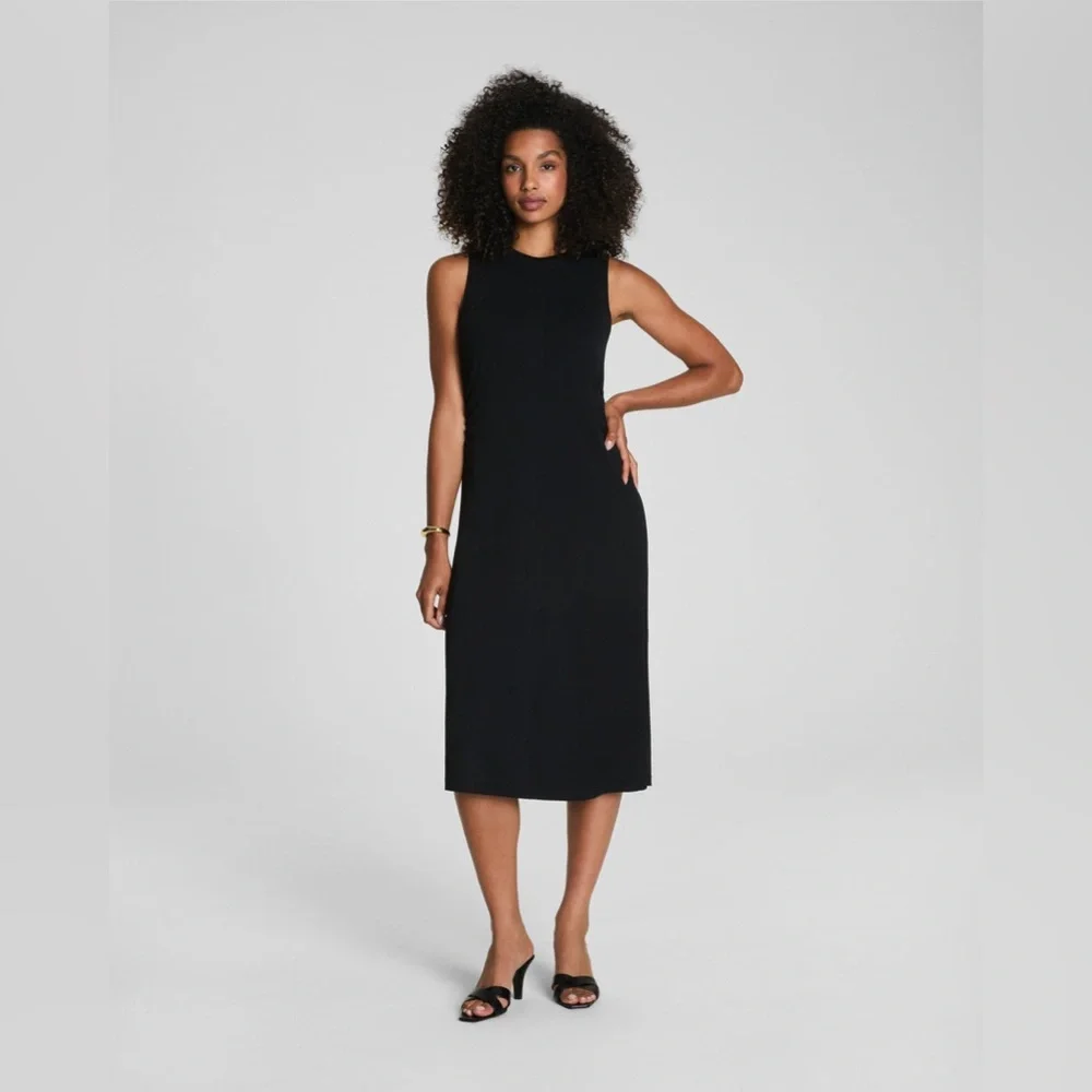 SPANX Sleek Jersey Crewneck Ruched Midi Dress Black